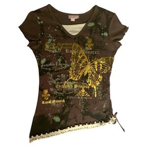 Olive green Knit Werks tee with gold foil butterflies. Size M